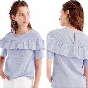 J. Crew Blue & White Striped Cotton Ruffle Top Size 12